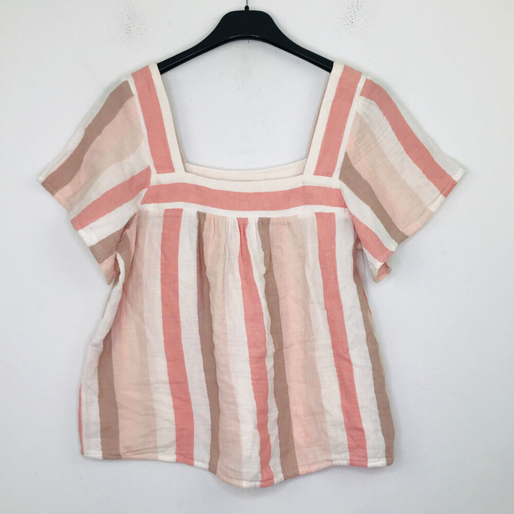 Rails Women's Medium Blouse Pink Savon Cheyanne Stripe Gauze Square Neck H5